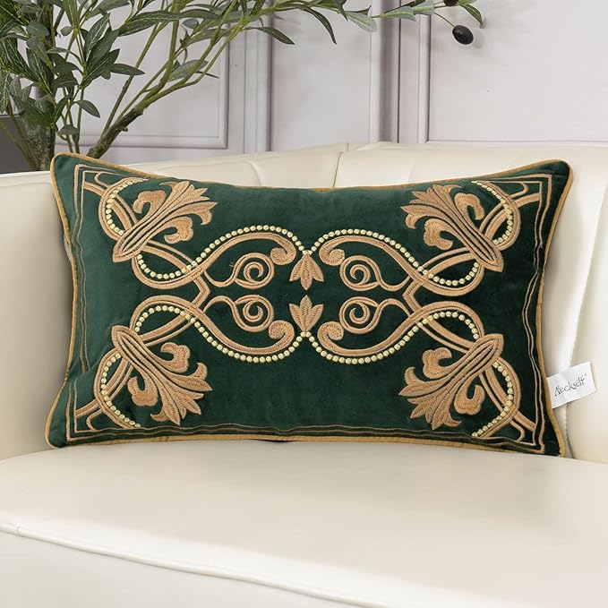 Aeckself European Luxury Velvet Lumbar Throw Pillow Cover 12 x 20 Inch, Embroidery Floral Pillow Cover Home Decor Oblong Pillowcase for Couch Bedroom Living Room, Dark Emerald Green and Gold