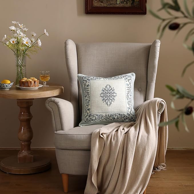 Design Linen Square Throw Pillow Covers 18"x18" Pack of 2, Cottage Farmhouse Cushion Covers with Blue Grey Thorn Vine Pattern Decoration Pillowcases for Bed, Living Room, Outdoor, Car