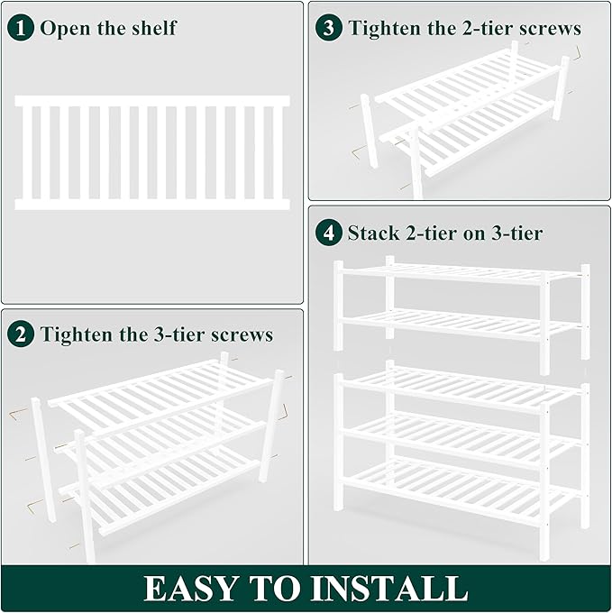 Smiry Bamboo Shoe Rack for Closet, 5 Tier Wooden Stackable Shoe Organizer, Free Standing Shoes Storage Shelf for Entryway, Front Door Entrance, White