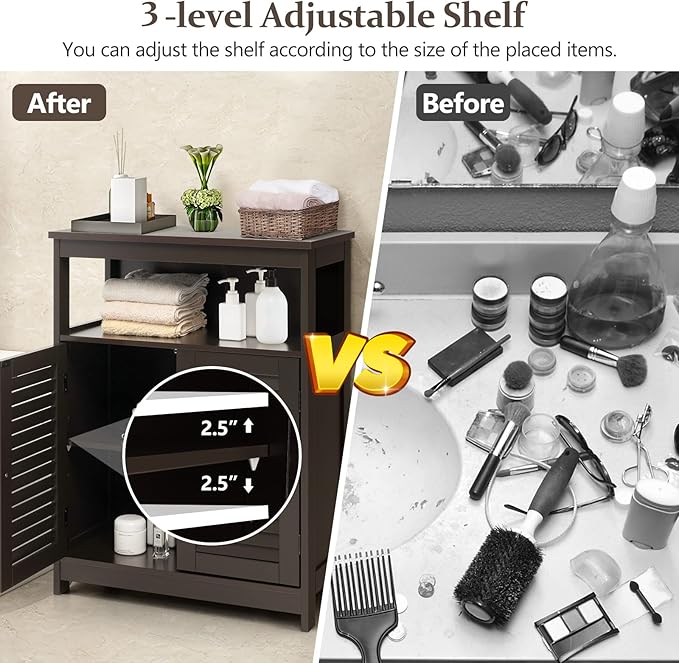 COSTWAY Bathroom Storage Cabinet, Wooden Side Storage Organizer with Louver Doors & Removable Shelf, Freestanding Floor Cabinet for Living Room, Kitchen, Entryway (Brown)
