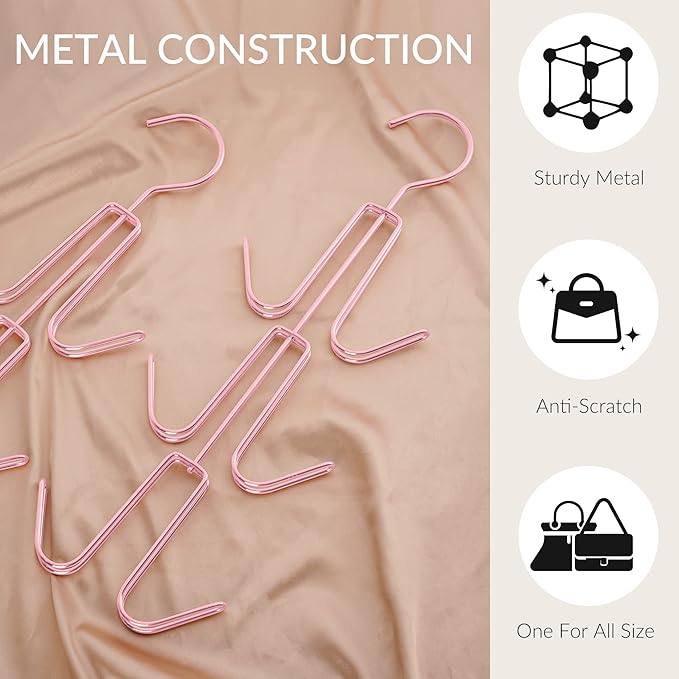 ZEDODIER Purse Hanger Organizer for Closet, 4 Pack Hanging Bag Holder, Keeping Purses Visible and in Good Condition, Metal Handbag Storage Hook Backpack Rack Space Saving Hanger, Pink