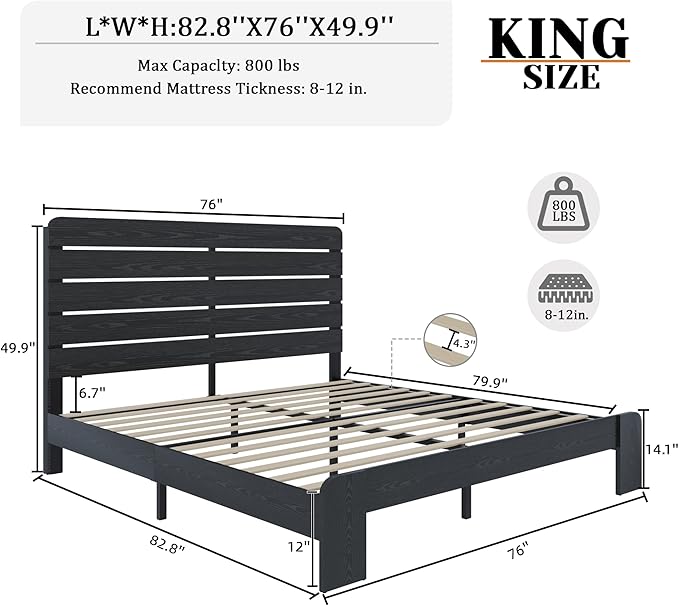 King Size Wooden Bed Frame with Headboard, Industrial Platform Bedframe with Wood Slat Support, Sturdy and No Noise, Easy Assembly (Black, King)