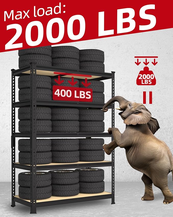 PrimeZone 35.5" x 12" x 72" Heavy Duty Storage Shelves - 5 Tier Adjustable Garage Storage Shelving, Metal Storage Utility Rack Shelf Unit for Warehouse Pantry Closet Kitchen, Black, 4 Pack