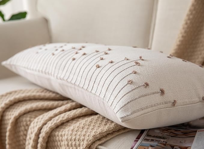 Caflife Boho Lumbar Pillow Cover 14x36 Long Pack of 1 Decorative Pillows Bed, Beige with Tan Body Throw Pillow Covers, for Modern Farmhouse Sofa Bedroom Living Room Home Decor Couch Pillowcase