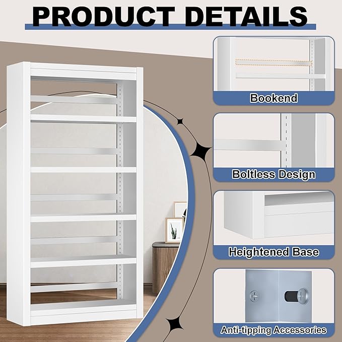 69" Metal Bookshelf and Bookcase | 5-Tier Adjustable Shelves, Deep Modern Storage Shelf for Living Room, Office, Bedroom (White)