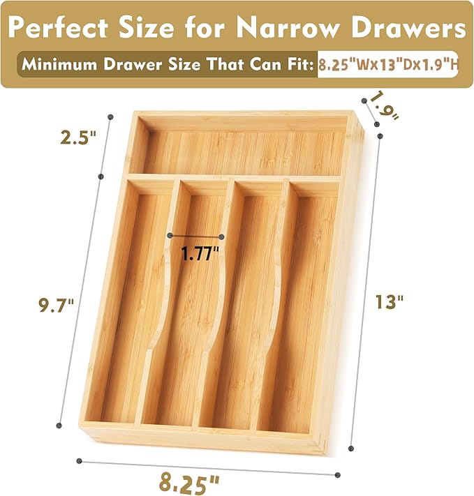 Bamboo Kitchen Drawer Organizer, 8.25 Inch Silverware Utensil Holder for Samll Drawer, Silverware Organizer for Cutlery Knives
