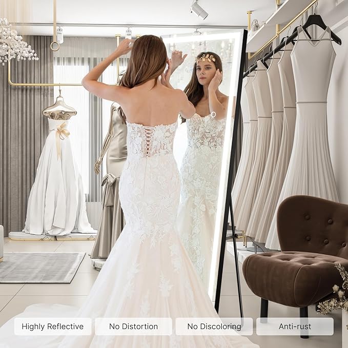 56"x18" Full Length LED Mirror with Lights, Dimmable Standing/Wall Mirror for Bedroom, Full Body Lighted Floor Mirror, Tempered Glass