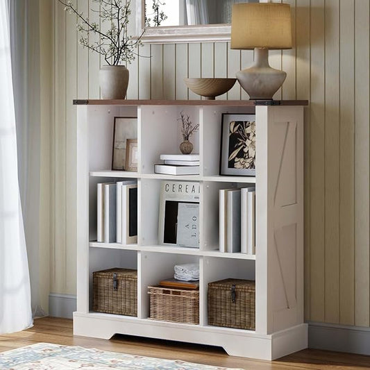 9 Cube Storage Organizer, 3 Tier Bookshelf for Living Room, Farmhouse Bookcase with Led, Kids Toy Storage Cabinet, Wall Cubby Shelves for Home Decor, Wood Display Cabinet for Bedroom, White