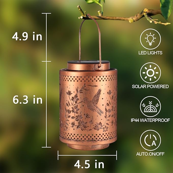 2 Pack Hummingbird Solar Lanterns Garden Decor Birthday Gifts for Women Mon Grandma Metal Hanging Solar Lights Waterproof Outdoor Decoration for Outside LED Lanterns for Yard Patio Lawn