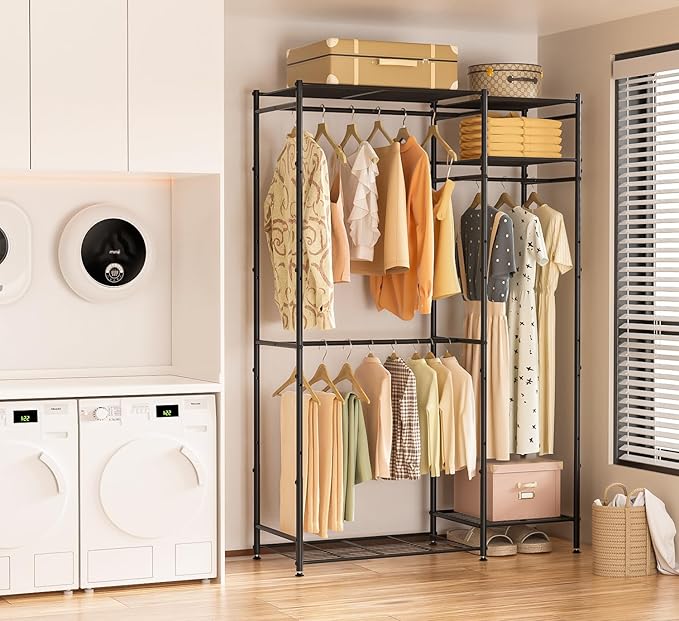 Portable Closets for Hanging Clothes, Freestanding Clothing Rack with 3 Hang Rods & 5 Shelves, Metal Wardrobe Garment Rack for Bedrooms Entrances