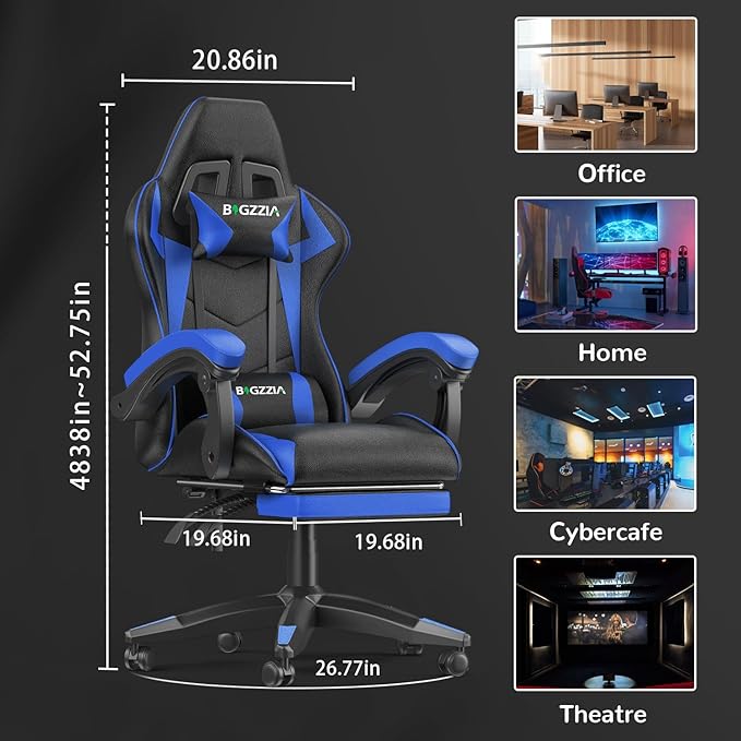 Gaming Chair with Footrest, High Back Ergonomic Computer Gamer Chair with Headrest and Lumbar Support, Racing Style Reclining Game Chair for Adults, Kids (Blue-Black)