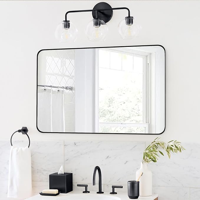 20x30 Inch Black Framed Bathroom Mirror, Rounded Corner Rectangle Mirrors for Wall with Tempered Glass Anti-Rust, Shatterproof (Horizontal/Vertical Hanging)