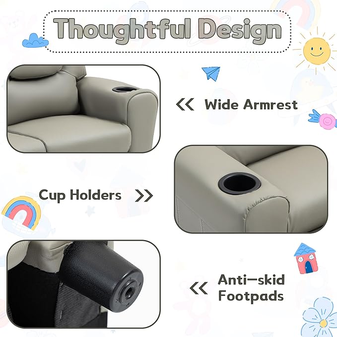 AVAWING Double Toddler Recliner Chair, Kids Couch with Cup Holders, Faux Leather Kids Recliner, Loveseat Sofa w/Adjustable Footrest & Headrest for Boys and Girls Age 1-4, Grey