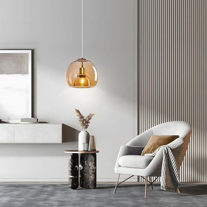 Amber Glass Pendant Lights Kitchen Island Gold Hanging Light Fixture Glass Globe Pendant Light Modern Pendant Lighting for Kitchen Island Bedroom Dining Room (9.84", 1 Pack)