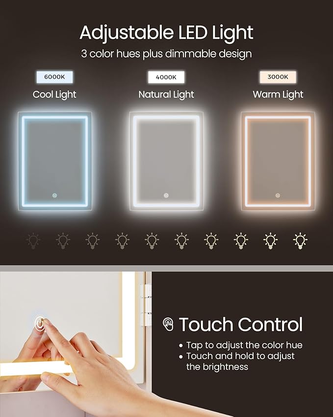 VASAGLE KAILYN Collection - Vanity Desk with Power Outlets, Makeup Vanity with Mirror and Lights, Upholstered Vanity Stool, LED Lights, 6 Compartments, 2 Drawers, for Bedroom, Cloud White URDT031W01