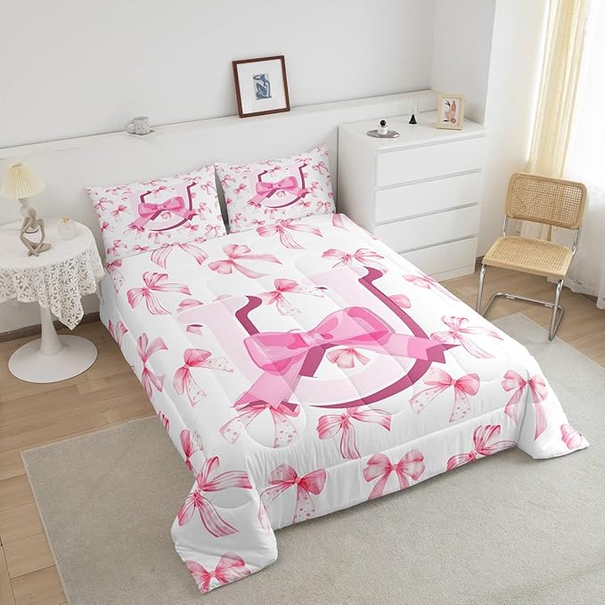 jejeloiu Kids Girls Cute Pink Bow Comforter Set King Size Monogrammed Bedding Set Ultra Soft Personalized Initial U Duvet Quilt Coquette Bow Knot Quilt Set Room Decor Modern Fashion Comforter