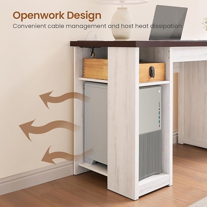 SEDETA 55.1" Rattan Office Desk with Drawers, Computer Desk with Drawers & Storage Cabinet, Farmhouse Home Office Desk with Storage, Wood Writing Desk with Power Outlets for Home Office, White