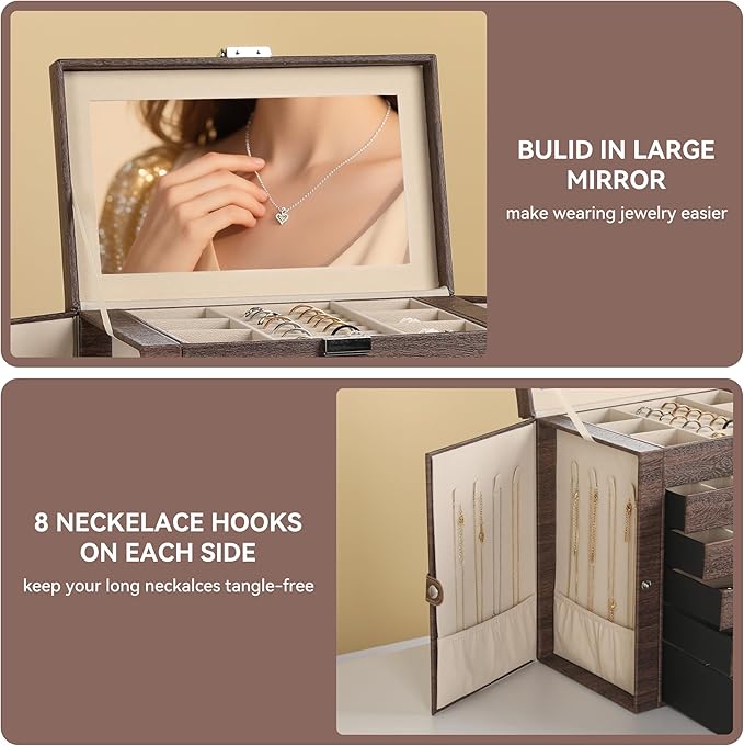 Frebeauty Large Jewelry Box,6-Tier PU Leather Jewelry Organizer,Multi-functional Storage Case with Mirror,Accessories Holder with 5 Drawers for Necklace Bracelets Watches(Tree Brown)