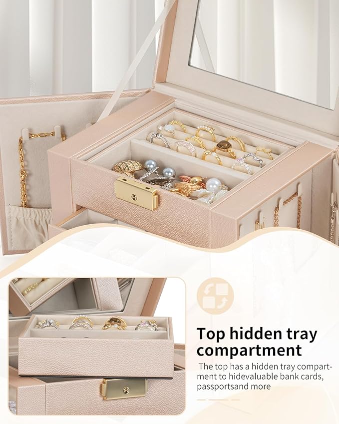 AKOZLIN 4-Tier Jewelry Box Leather Jewelry Storage Organizer with 3 Drawers Lockable for Women Girls Ring Necklace Earring Bracelet Holder with Mirror Champagne