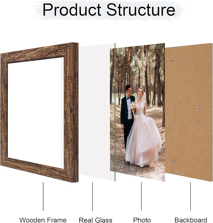 8.5x11 Picture Frame Set of 4, High Definition Real Glass Rustic Frame, Photo Frames 8.5 by 11 Diploma Document for Wall Hanging and Tabletop Display