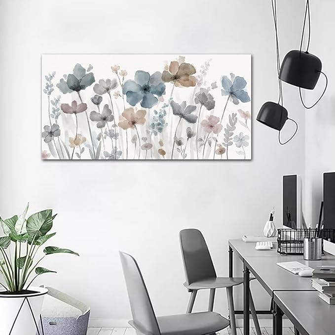 Elegant Flowers Canvas Wall Art - Floral Pictures for Wall Decor Indigo Brown Grey Canvas Painting Nature Printing Artwork for Living Room Bedroom Home Office Wall Decoration 29" x 58"