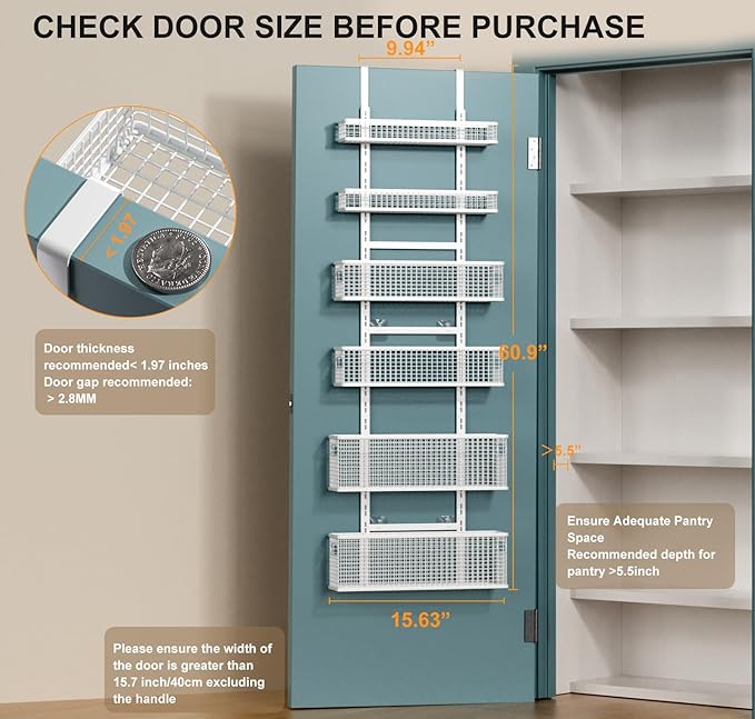 6-Tier Over The Door Pantry Organizer,Hanging Spice Rack,Over Door Adjustable Basket with Handle,Pantry Organization And Storage, Laundry Room,Bathroom,Large Capacity,D5.3xW15.7xH60.9in