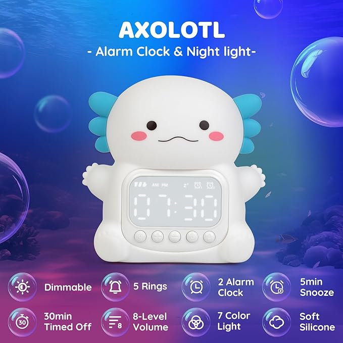 Axolotl Alarm Clock with Night Light for Kids, Rechargeable Silicone Lamp Time to Wake Clock Cute Animal Tabletop Lamp, Perfect Sleep Companion for Boys Girls, White