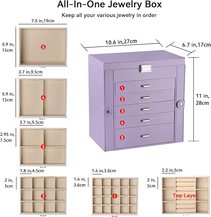 Frebeauty Large Jewelry Box,6-Tier PU Leather Jewelry Organizer,Multi-functional Storage Case with Mirror,Accessories Holder with 5 Drawers for Necklace Bracelets Watches（Purple）