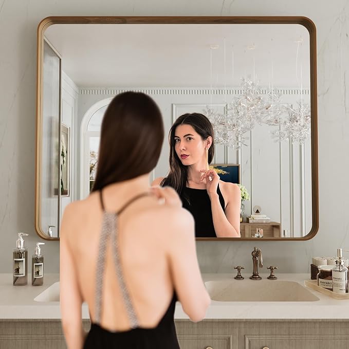 LOAAO 40X30 Inch Bathroom Mirror with Wood Grain Colored Metal Frame, Rounded Rectangle Metal Framed Bathroom Mirror, Anti-Rust, Hangs Horizontally or Vertically, Tempered Glass