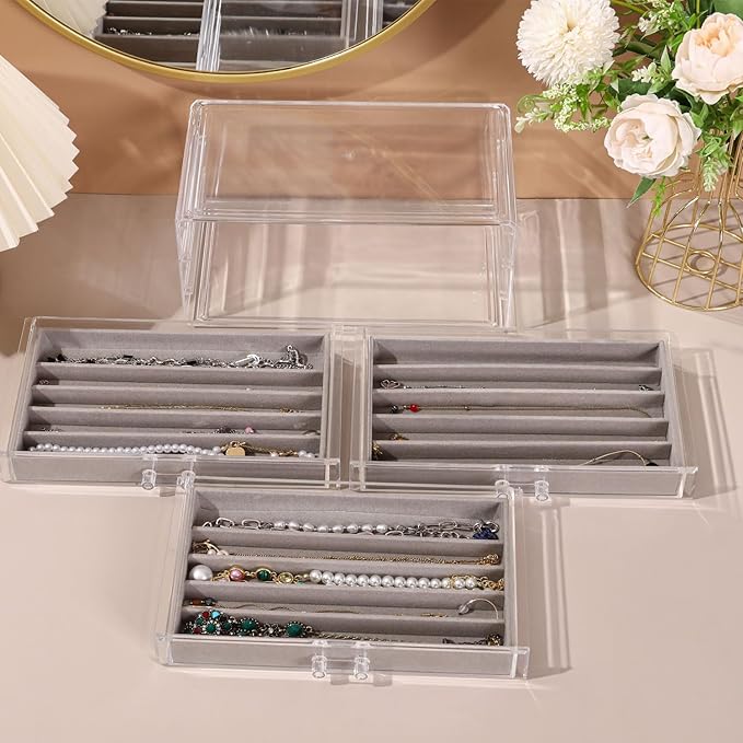 Necklace Organizer Box, Tray with Clear Lid, Dustproof Velvet Necklaces Holder Storage Display Case, Necklace Tray Drawer Insert for Pendant Suitable for Women and Girls (Grey)