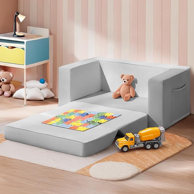 Kids Couch, 2-in-1 Toddler Chair Comfy 1-3 Years, Convertible Kids Chair, Toddler Couch That Fold Out, Kid Lounge Chairs for Boys and Girls, Soft Coral Fleece, Double, Grey