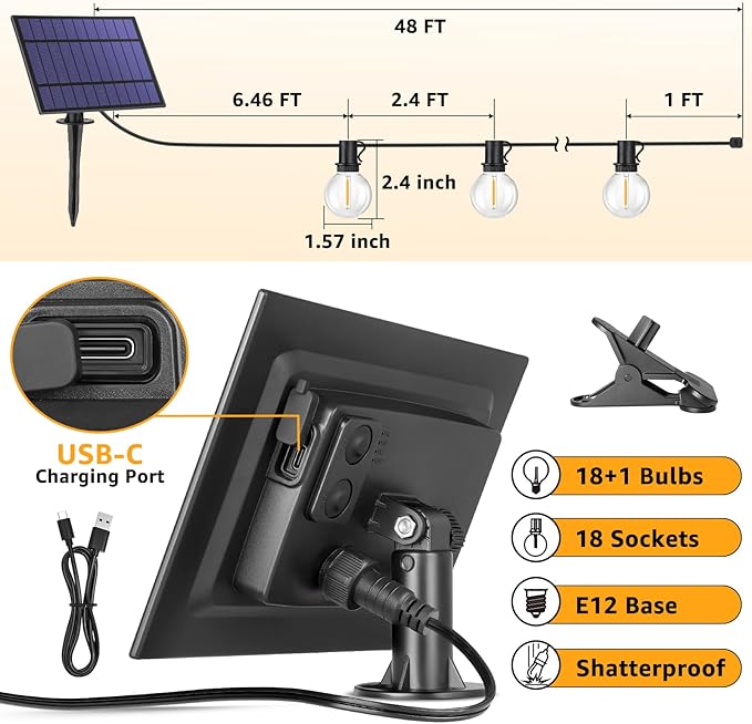 Mlambert 48FT Solar String Lights with Remote, Outdoor Waterproof Patio Lights with 18 LED Shatterproof G40 Bulbs(1 Spare) for Backyard-Black Wire