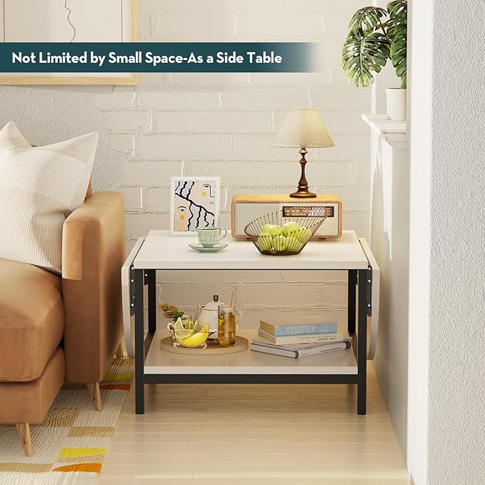 SAYGOER Modern Coffee Table White Extended Coffee Tables with Storage for Living Room 2-Tier Unique Center Table with Two Foldable Panel for Any Large or Small Space, All White