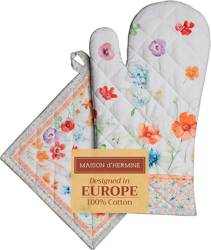 Maison d' Hermine 100% Cotton Oven Mitt & Pot Holder Set (7.5"x13" & 8"x8") Heat Resistant BBQ Cooking Gloves with Loop, Baking, Grilling, Kitchen, Handling Hot Pans Spring/Summer (Summer Whisper)