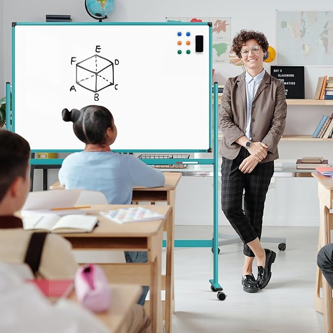 Mobile Whiteboard on Wheels, 48x32 Inches Rolling Whiteboard, Magnetic Dry Erase Board with Stand, Standing White Board for Office, School, Home, Large Double Sided White Board with Paper Pad