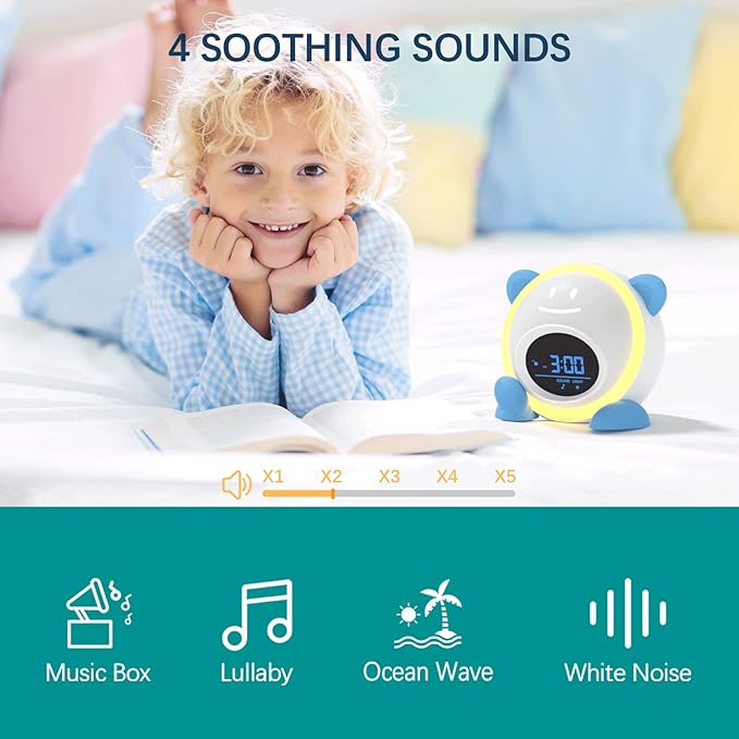 OK to Wake Clock for Kids, Sleep Training Clock with Night Light and Sound Machine, Kids Alarm Clock for Bedrooms, Blue