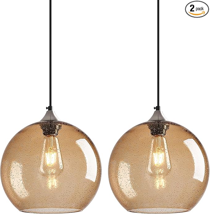 Light Brown Glass Pendant Lights Kitchen Island Globe Pendant Light Fixtures Modern Pendant Lighting for Bedroom Living Dining Room Light Fixture (9.84 in, 2 Pack)