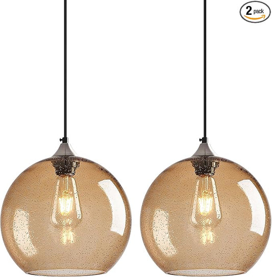 Light Brown Glass Pendant Lights Kitchen Island Globe Pendant Light Fixtures Modern Pendant Lighting for Bedroom Living Dining Room Light Fixture (9.84 in, 2 Pack)