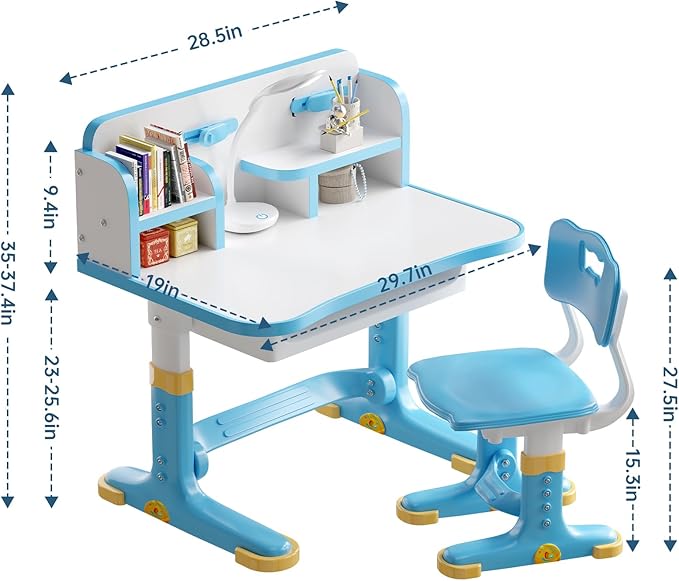 Kids Desk and Chair Set, Height Adjustable Child's School Study Writing Tables, Kids Desk with Bookstand and Storage Drawer, Widened Desktop with Desktop for Boys and Girls