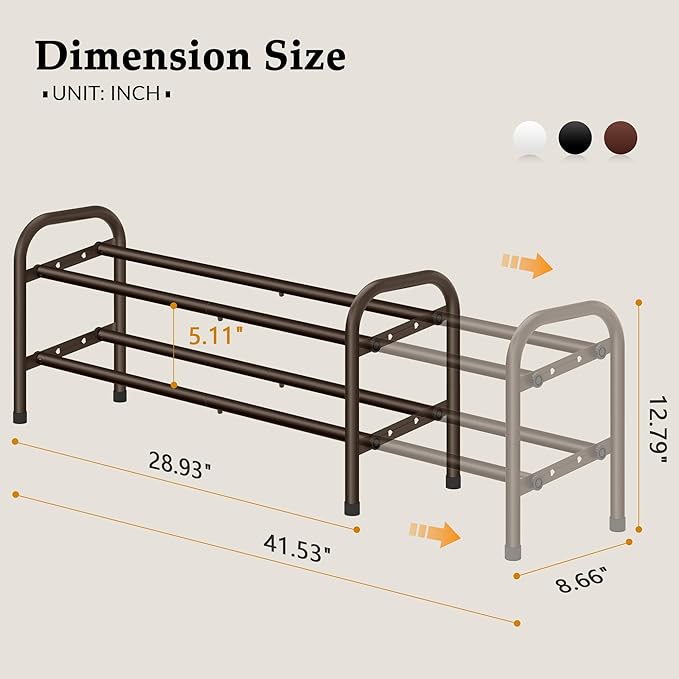2 Tier Shoe Organizer, Shoe Rack for Closet, 28“ Metal Shelf Can Expandable to 42“, for Bedroom, Entryway, Closet, Garage, Adjustable to 12 Pairs Shoes, Rustic Brown
