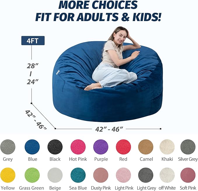 4FT Bean Bag Chair with Ultra Soft Velvet Cover Bean Bag Sofawith Memory Foam Bean Bag Chairs with Large Size Lazy Sofa for Dorm Office Living Room Bedroom Blue 4'