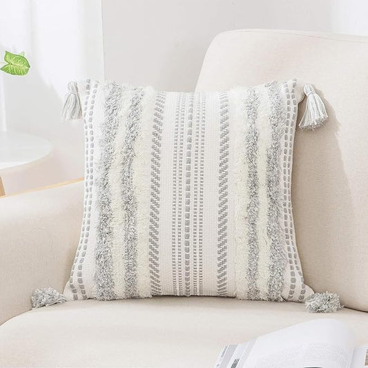 decorUhome Decorative Boho Throw Pillow Cover 18x18, Accent Neutral Textured Tufted Pillow Cover Striped for Couch Bed Sofa, Grey and Cream White, Pack of 1