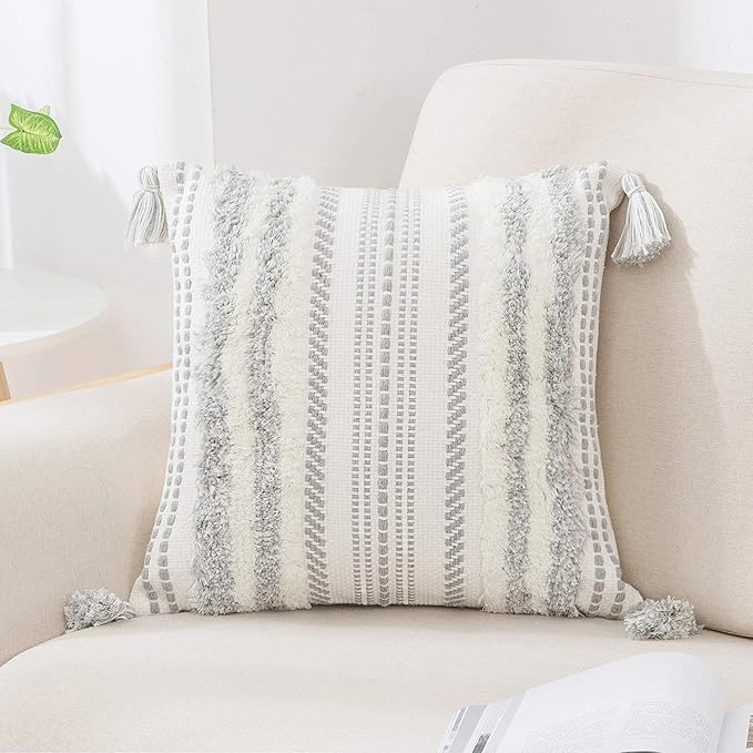 decorUhome Decorative Boho Throw Pillow Cover 20x20, Accent Neutral Textured Tufted Pillow Cover Striped for Couch Bed Sofa, Grey and Cream White, Pack of 1