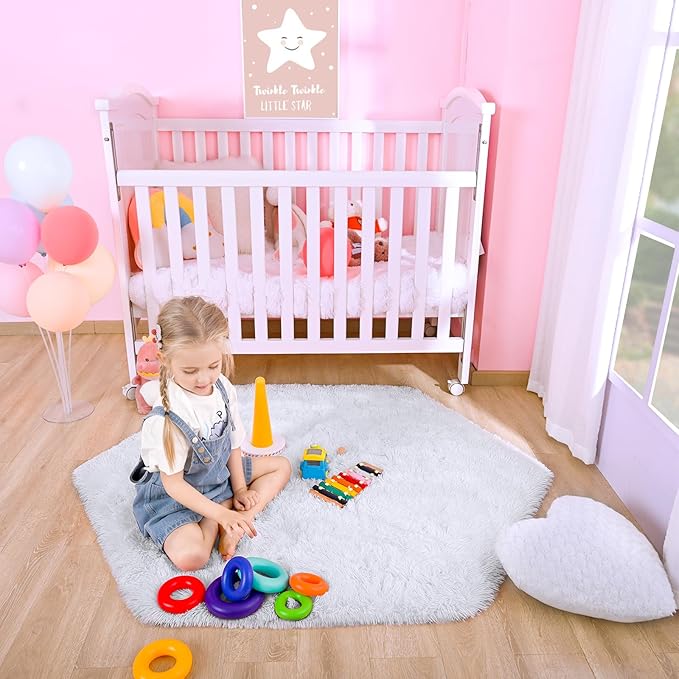 junovo Ultra Soft Rug for Nursery Children Room Baby Room Home Decor Dormitory Hexagon Carpet for Playhouse Princess Tent Kids Play Castle, Diameter 4.6 ft, White