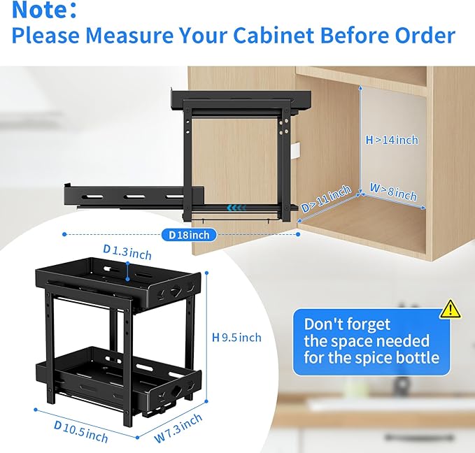 Pull Out Spice Racks for Inside Cabinets, 2-Tier Cabinet Spice Rack Organizer, Height Adjustable Vertical Spice Rack for Kitchen Cabinet (7.5''Wx10.8''Dx9.2''H, Metal Black)