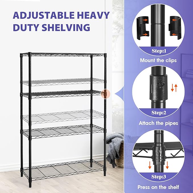 PayLessHere Shelves Shelf Storage Shelves Heavy Duty 4 Tier Adjustable Shelf 1000 lbs Total Capacity NSF Certified Height Adjustable Stable Leveling Feet Easy Assembly (Black)