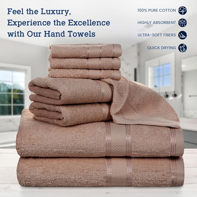 Casa Lino Bath Towel Set of 8 (2 Bath Towels, 4 Wash Cloths & 2 Hand Towels for Bathroom) - 100% Cotton - Highly Absorbent & Quick Dry - Guest Room Essentials for Bathroom Set - (Coffee Brown)
