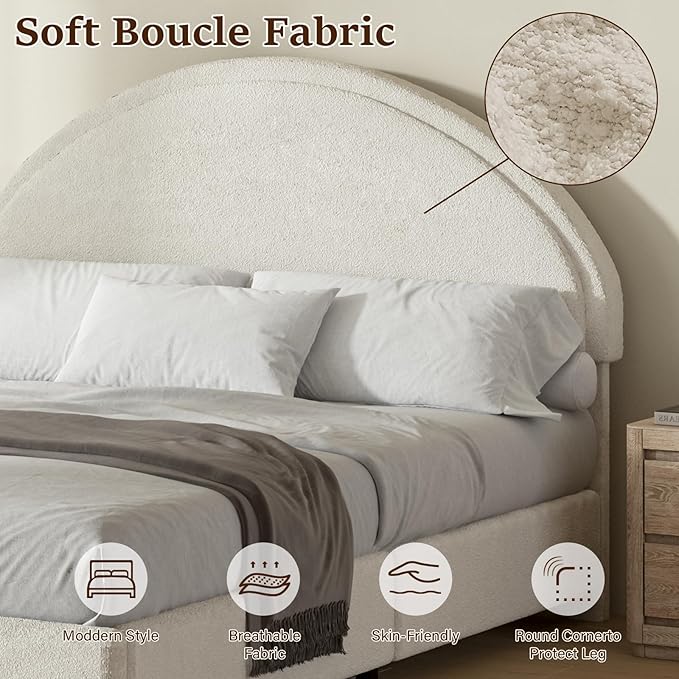 Queen Bed Frame, Boucle Upholstered Platform Bed Frame with Rounded Corners, Soft Bedframe with Round Headboard, No Box Spring Required, Easy Assembly, White
