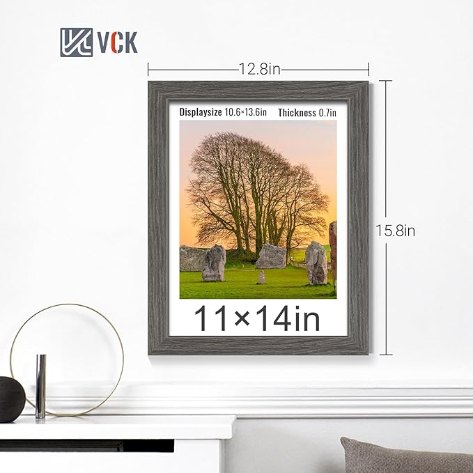 VCK 11x14 Picture Frame Set of 4 - Grey, Gallery-Quality Wood Poster Frames, 1.1-Inch Wide Border, Polished Plexiglass, Vertical or Horizontal Wall Display for Photo/Art/Prints, Grey