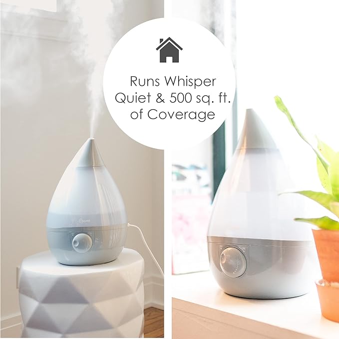 Crane Ultrasonic Teardrop Cool Mist Humidifier, Large 1 Gal Tank, Automatic Shut-Off, Baby Humidifiers for Nursery and Bedroom, Grey